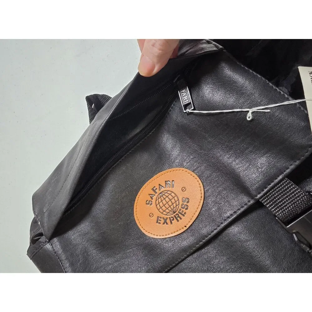 Vintage Safari Express Black Faux Leather Roll Top Backpack NWT Y2K Travel Bag